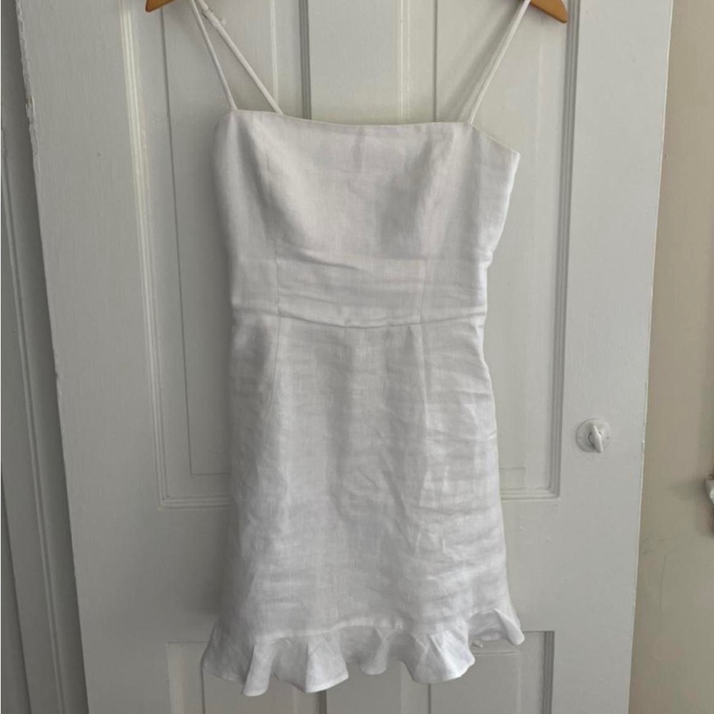 Reformation Kiernan Linen Dress in White Mini Spaghetti Straps Ruffles